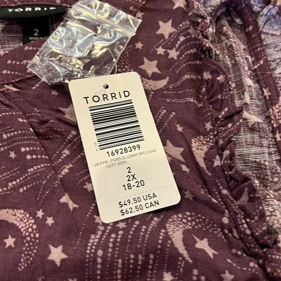 Torrid Women 1X 14/16 Purple Stars Ruffle Mock Neck Tank Stretch Rayon - Picture 5 of 5